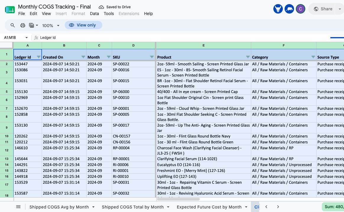 Clean Rebuilt Ledger tab with source documents and running inventory fields