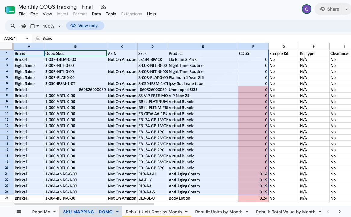 SKU Mapping DOMO tab with Odoo SKUs and the color-coded COGS column F